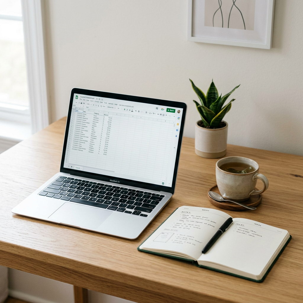 Open MacBook Air displaying budget spreadsheet next to a notebook and tea cup on a wooden desk