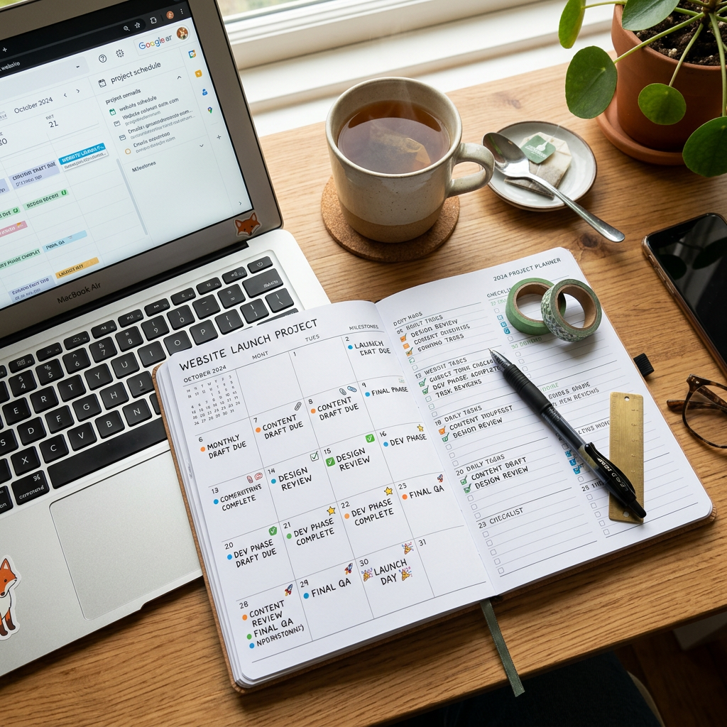 Overhead planner with milestones, laptop, tea