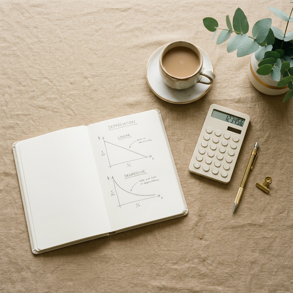 Notebook showing linear and declining depreciation graphs beside calculator and coffee